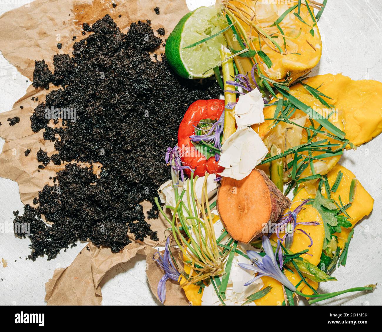 Top down image of kitchen scraps that will be used for organic compost Stock Photo