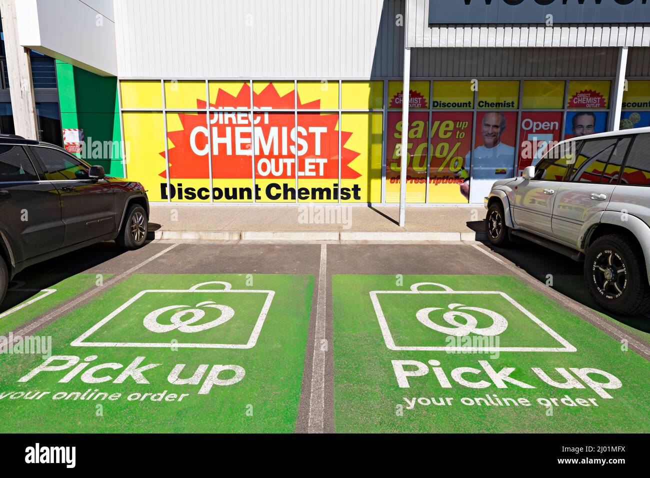 Ballarat Australia /  Woolworths Supermarket online order collection parking, located at Delacombe Town Centre Shopping Complex. Stock Photo