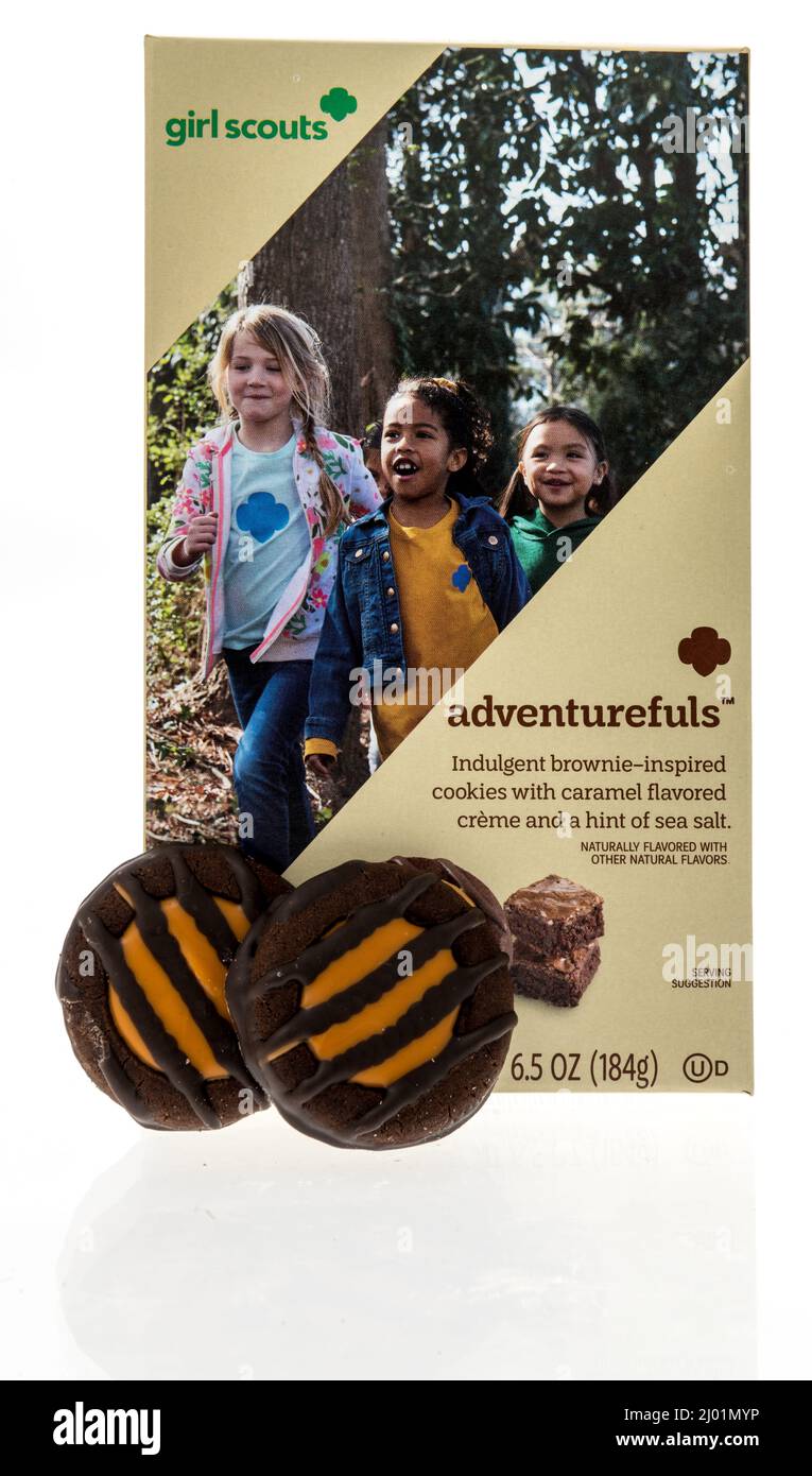 Winneconne, WI -11 March 2021: A bottle of Girl scouts adventurefuls cookies on an isolated background Stock Photo