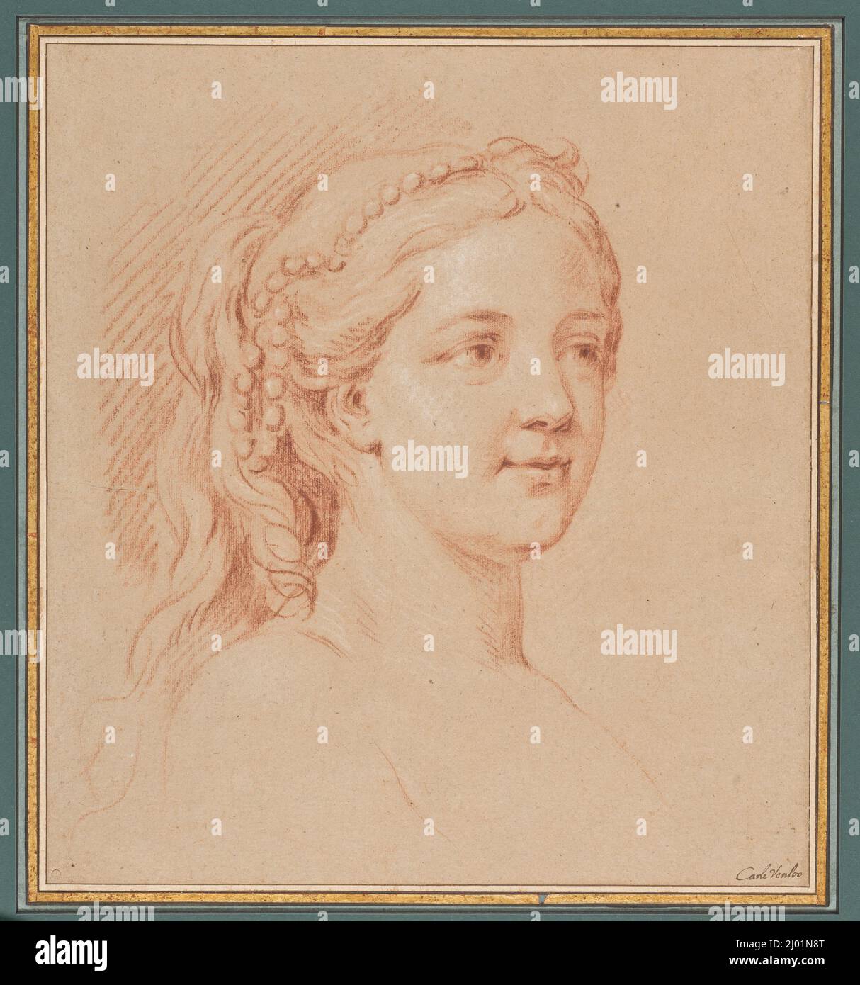 Tête de femme de trois quarts à droite. Charles-André Vanloo (called Carle Van Loo) (France, Nice, 1705 - 1765). circa 1763-1764. Drawings. Red chalk heightened with white on buff paper Stock Photo