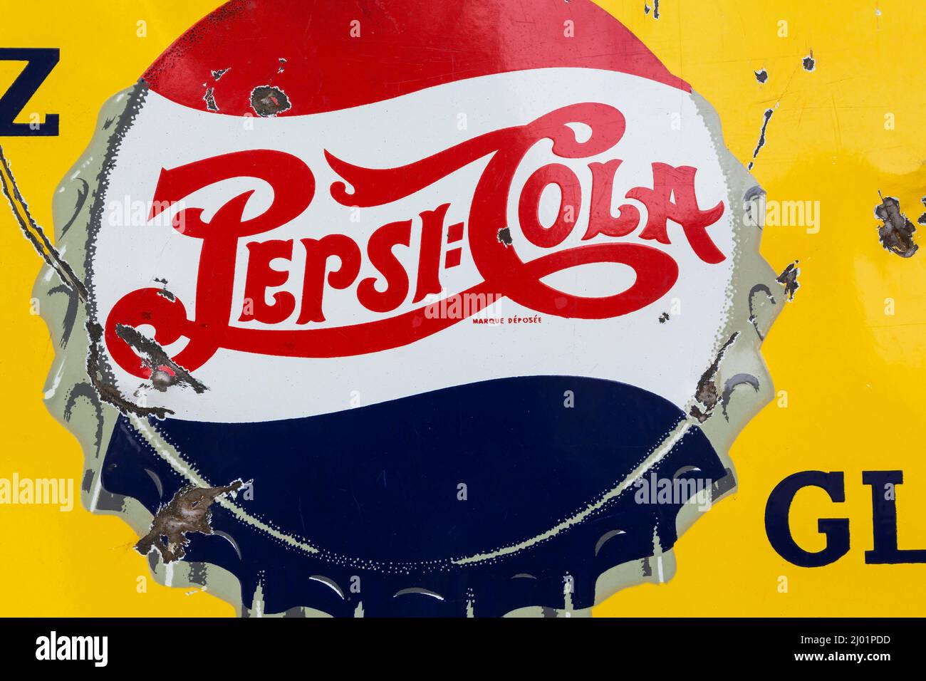 Vintage Pepsi Cola soft drink company advertising metal wall sign for French speaking market. Stock Photo
