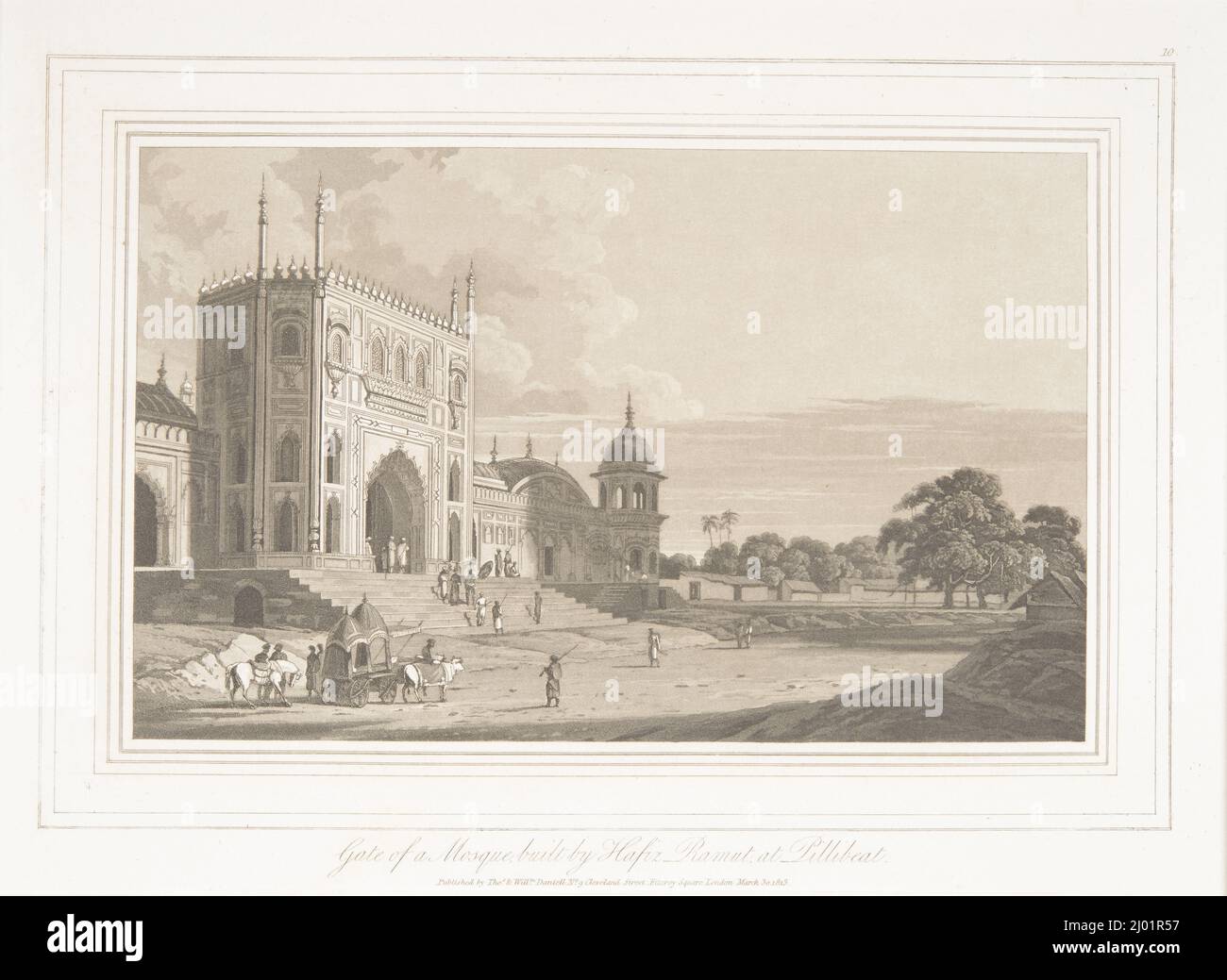 Gate of a Mosque, built by Hafez Ramut, at Pillibeat from 'Oriental Scenery, Quarto Prints'. Thomas Daniell (England, London, 1749-1840)Longman, Hurst, Rees, Orme and Brown (England, London)Free-School Press (England, London)William Daniell (England, London, 1769-1837). England, London, May 1, 1813. Prints; engravings. Aquatint engraving Stock Photo