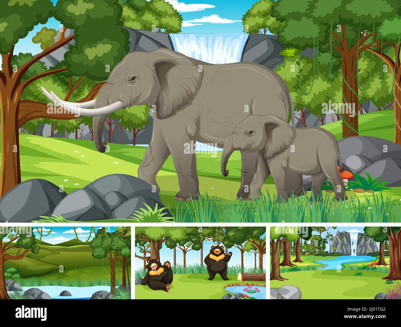 Set of nature scene with trees on mountains with Animal illustration ...