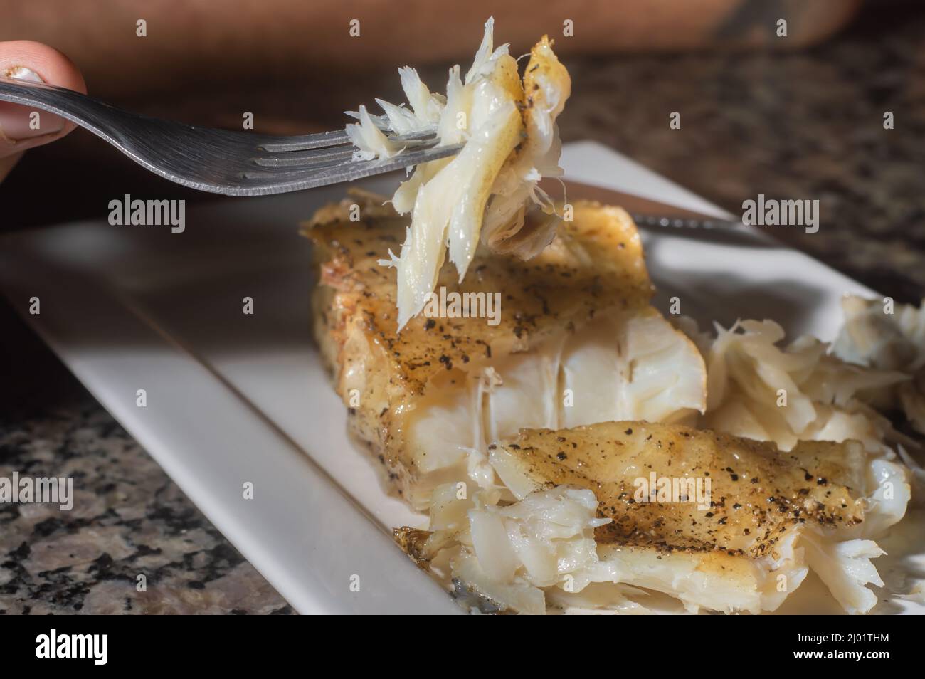 Fish sliced and roasted cod, on a white dish with copy space and dark background. Stock Photo