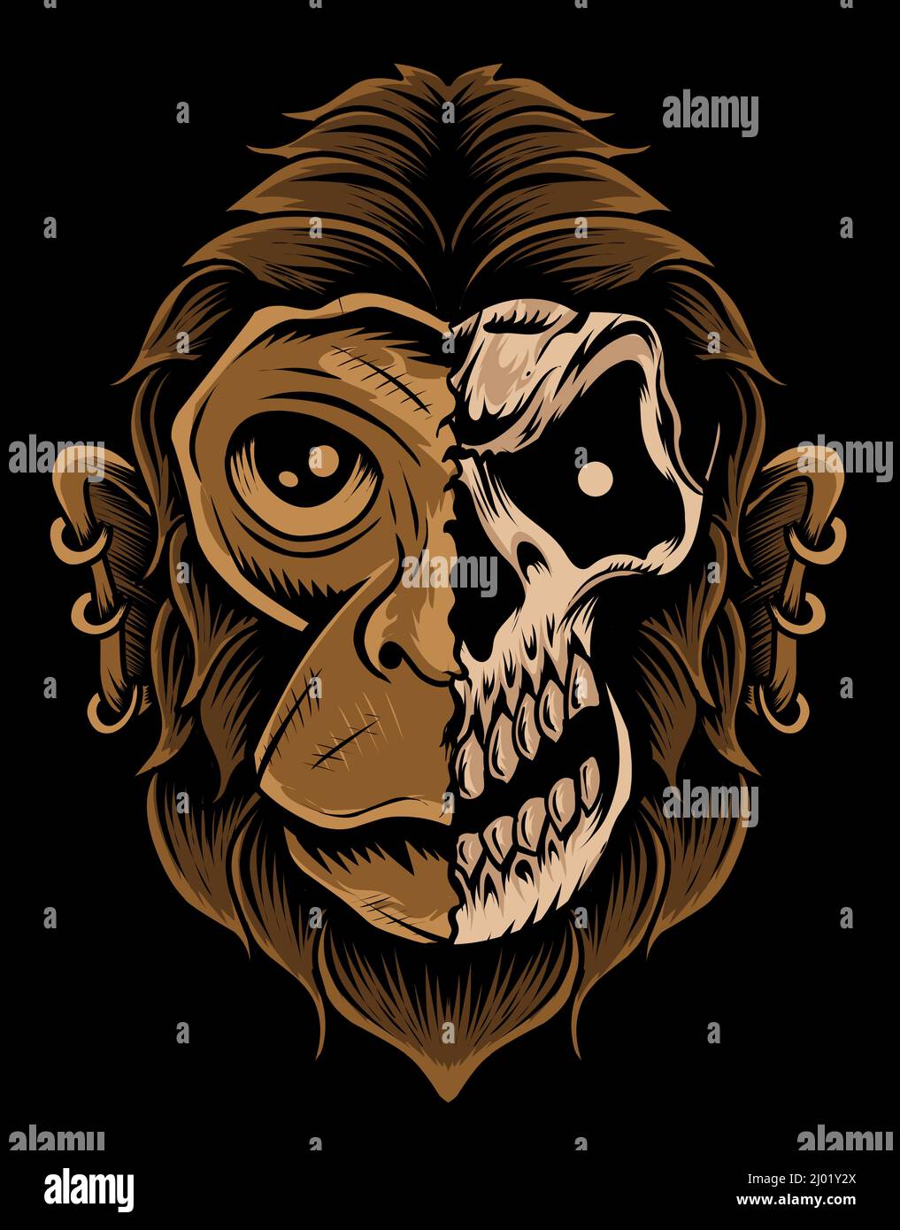 illustration monkey skull head on black background Stock Vector