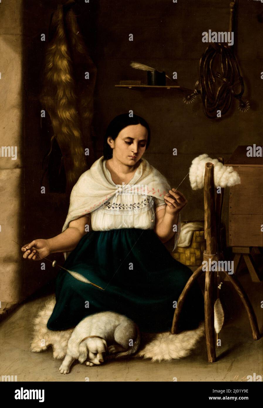 Woman Spinning (Hilandera). Luis Cadena (Ecuador, 1830-1889). Ecuador, 1859. Paintings. Oil on canvas Stock Photo