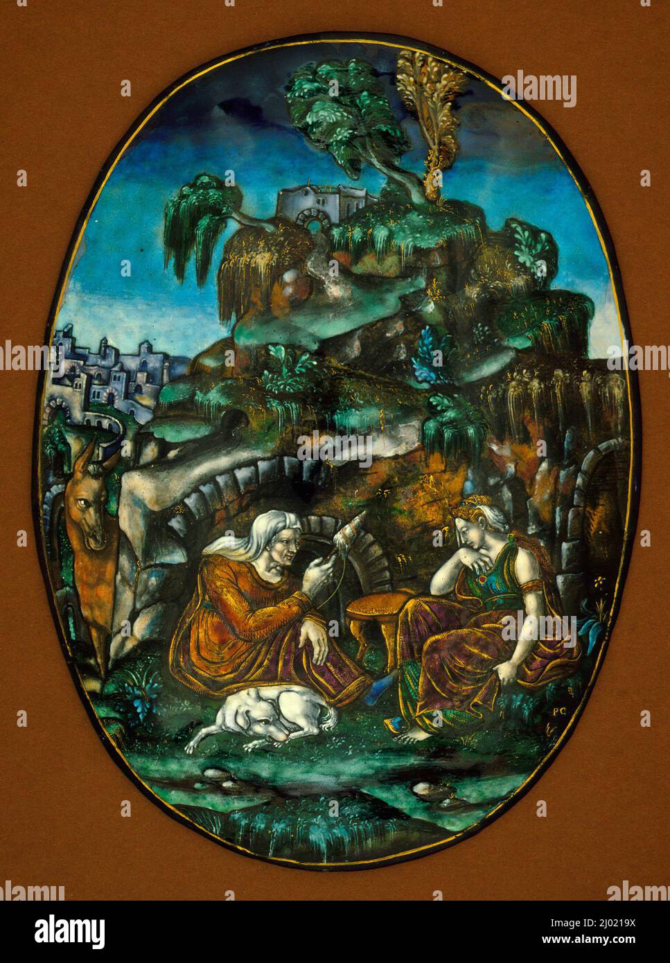 Plaque with Scene of an Old Woman Narrating the Story of Psyche. Pierre Courteys (France, Limoges, circa 1520-circa1586). France, Limoges, circa 1560. Furnishings; Accessories. Polychrome enamel, gold on copper with foil Stock Photo