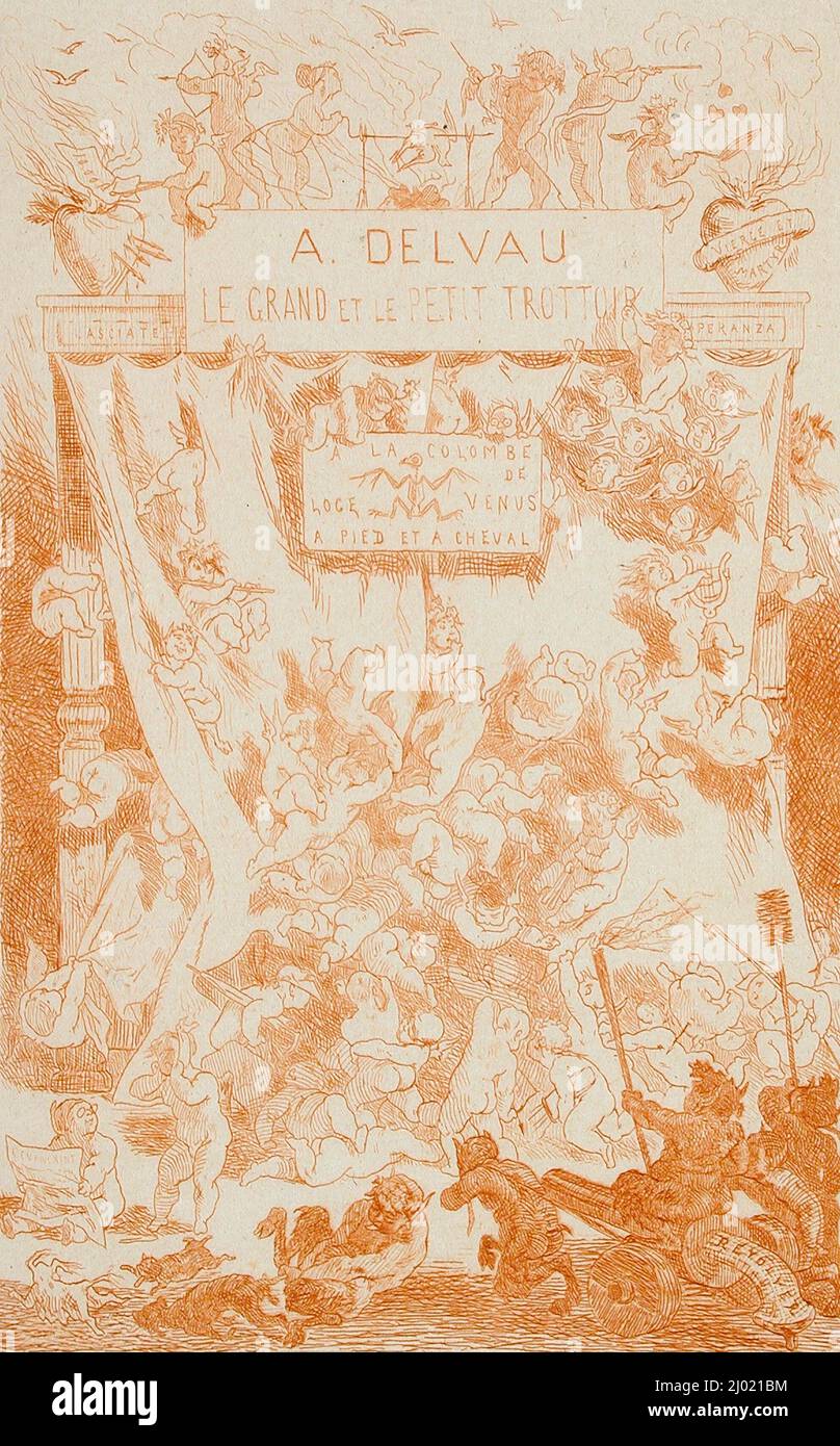 Le Grand et le petit trottoir. Félicien Victor Joseph Rops (Belgium, Namur, 1833-1898). Belgium, 1866. Prints; etchings. Etching with orange ink Stock Photo