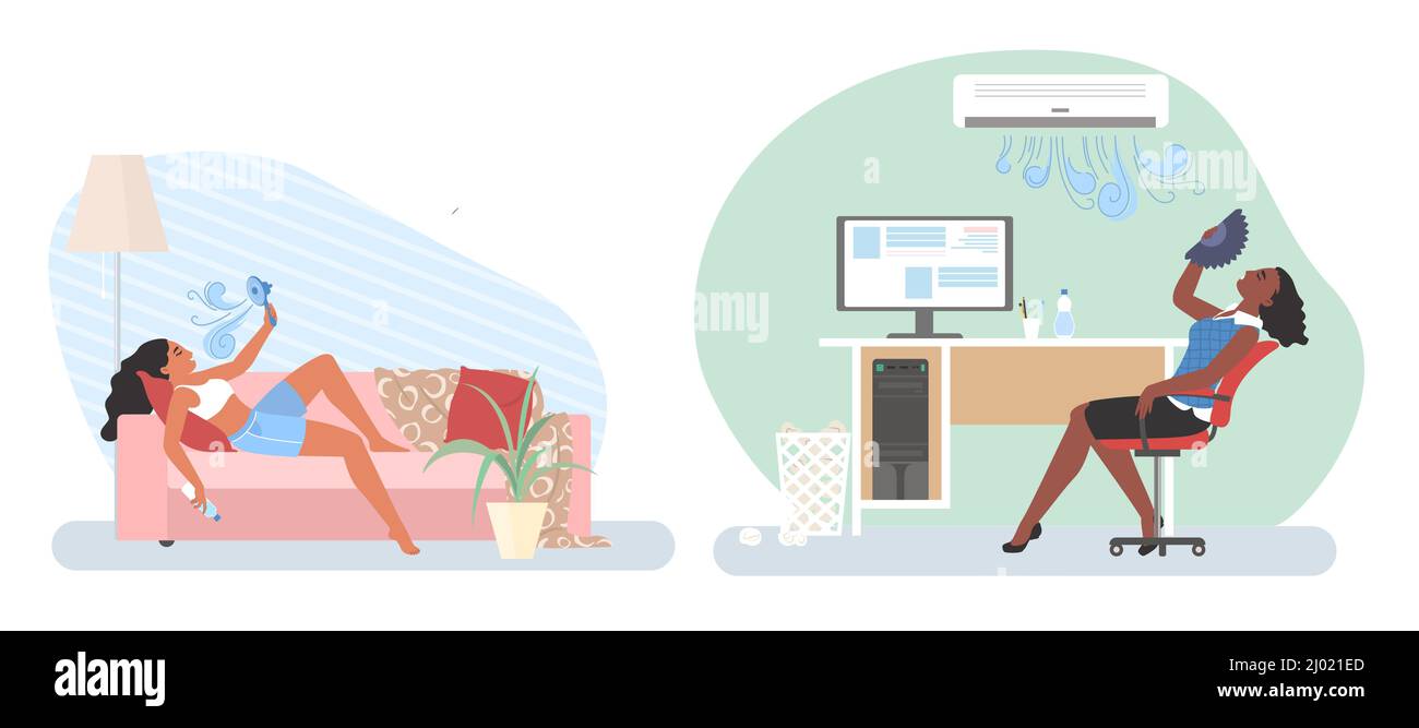 People using air conditioner, fan for cooling office and home, vector ...