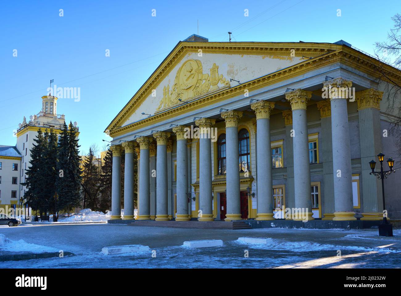 Novosibirsk, Siberia, Russia, 03.12.2022: Facade of the Gorky House of Culture. An architectural monument of Soviet classicism with a grandiose colonn Stock Photo