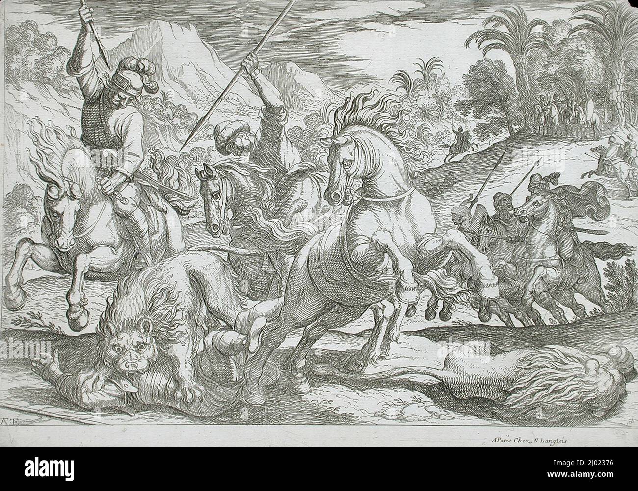 Lion Hunt. Antonio Tempesta (Italy, Florence, 1555-1630). Italy, 16th century. Prints; etchings. Etching Stock Photo