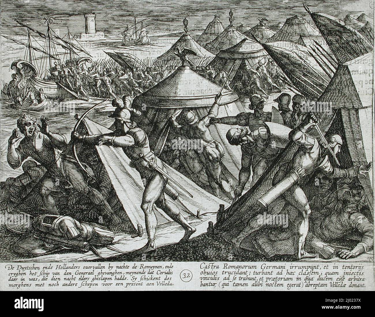 Dutch and Germans Attack the Roman Camp and Capture Cerialis' Boat. Antonio Tempesta (Italy, Florence, 1555-1630). Italy, publshed 1612. Prints; etchings. Etching Stock Photo