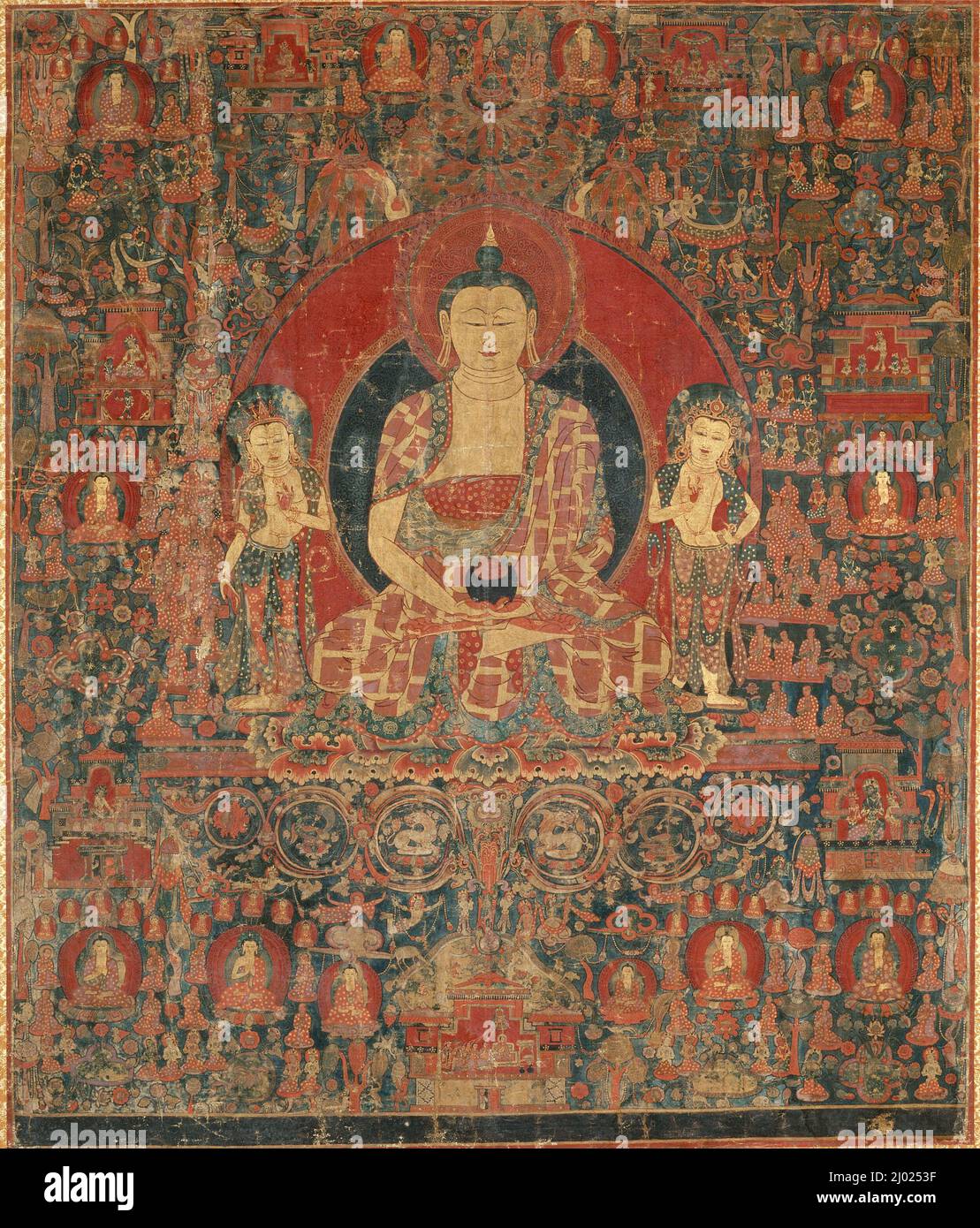 The Jina Buddha of Infinite Light (Amitabha) in His Pure Land Paradise (Sukhavati). Western Tibet, Guge, 15th century. Paintings. Mineral pigments on cotton cloth Stock Photo