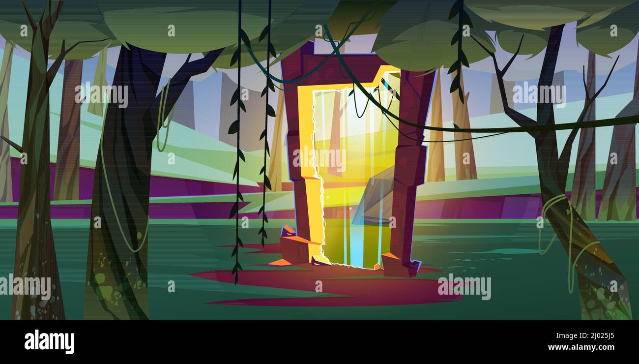Magic portal in forest or jungle, mysterious landscape background with glowing gate entrance with yellow plasma in deep wood with trees and lianas. Fantasy game scene, Cartoon vector illustration Stock Vector Image Magic portal in forest or jungle, mysterious landscape background with glowing gate entrance with yellow plasma in deep wood with trees and lianas. Fantasy game scene, Cartoon vector illustration Stock Vector Image