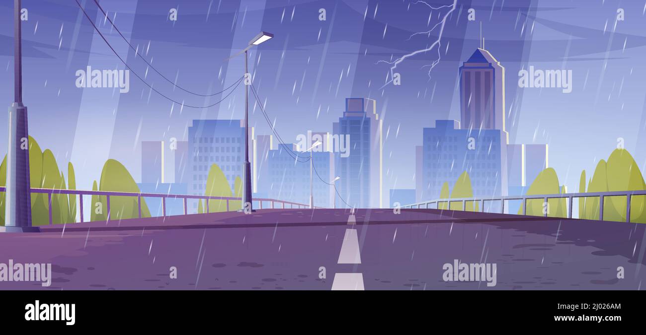 City skyline at rainy weather view from bridge, urban cityscape architecture at thunderstorm. Metropolis with empty road, skyscraper buildings, town or downtown district, Cartoon vector illustration Stock Vector
