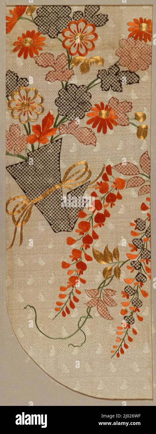 Kosode (Kimono) Fragment with Chrysanthemums, Noshi Paper, and Wisteria. Japan, early 18th century. Textiles. Silk figured satin (rinzu), stenciled imitation tie-dye (kata-kanoko shibori) with silk and gilt paper wrapped silk thread embroidery Stock Photo