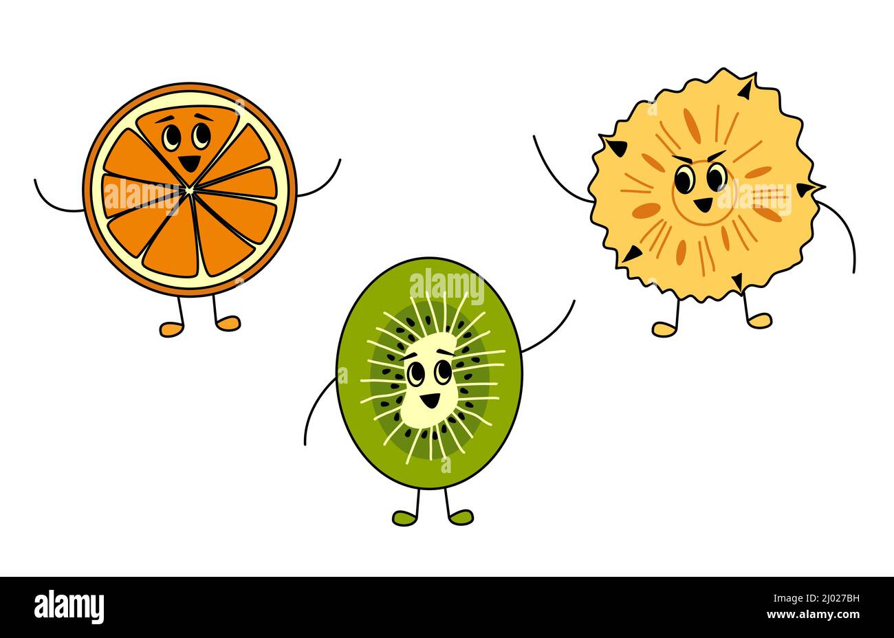 Cute fruit friends in cartoon style. Orange, kiwi and pineapple vitamin characters smiling and waving hello together Stock Vector