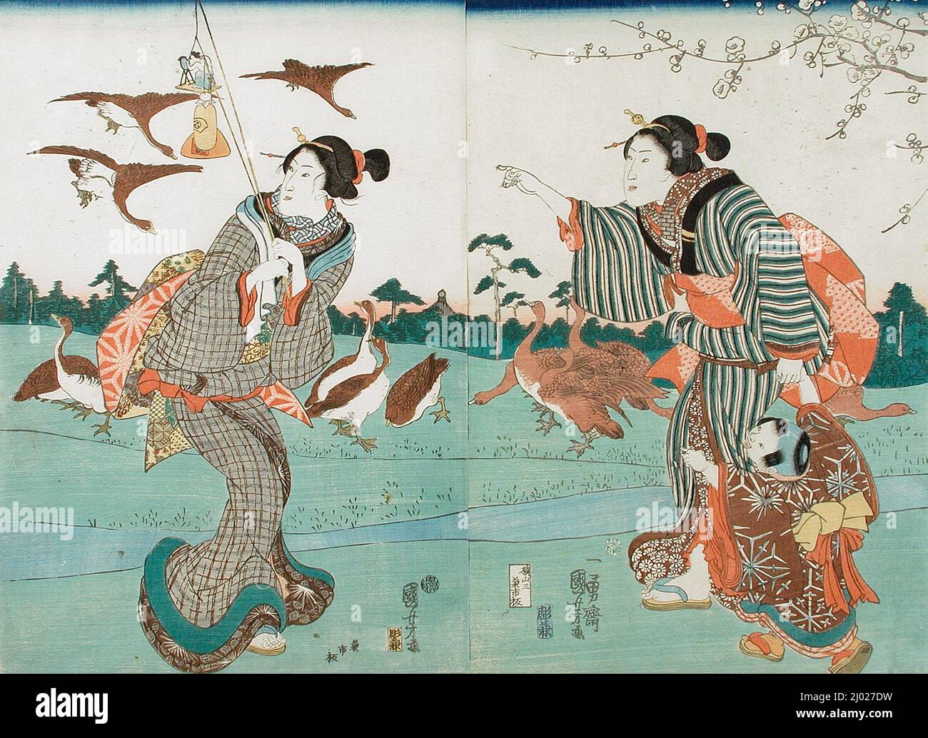 View of Yanagishima in Spring. Utagawa Kuniyoshi (Japan, 1797-1861). Japan, 1860, 1st month. Prints; woodblocks. Diptych of color woodblock prints, missing right panel of triptych Stock Photo