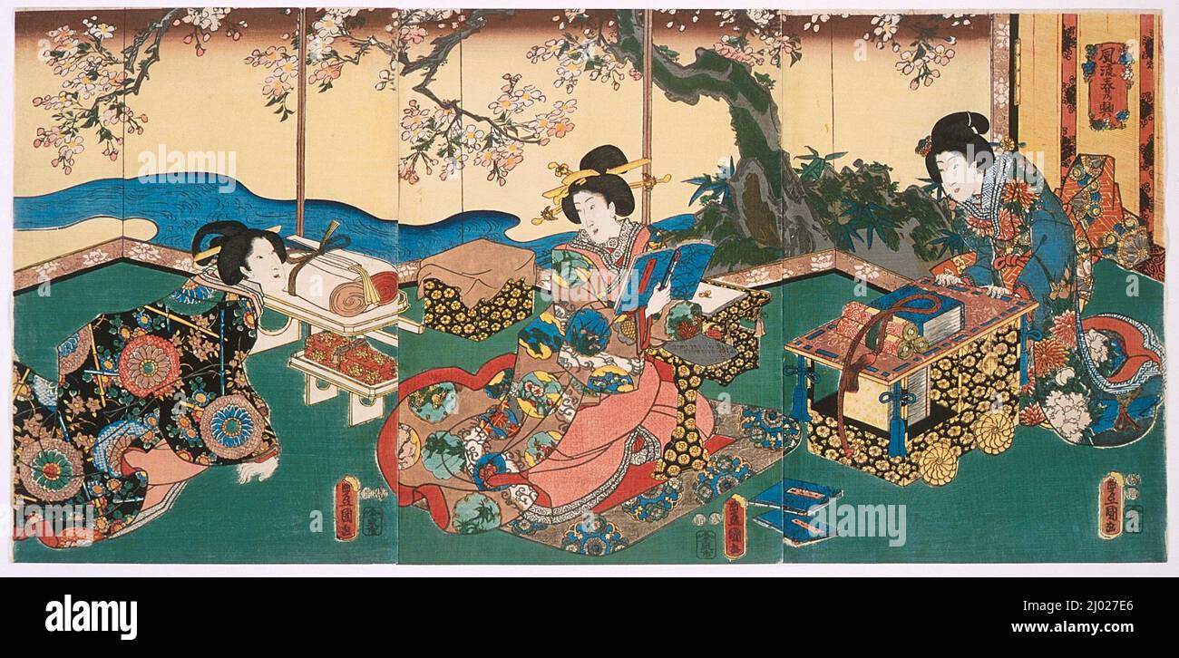 Reading. Utagawa Kunisada (Toyokuni III) (Japan, Edo, 1786-1865). Japan, circa 1847-1852. Prints; woodblocks. Triptych; color woodblock prints Stock Photo