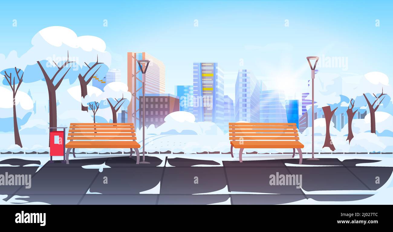 urban park with wooden benches in winter season cityscape background ...