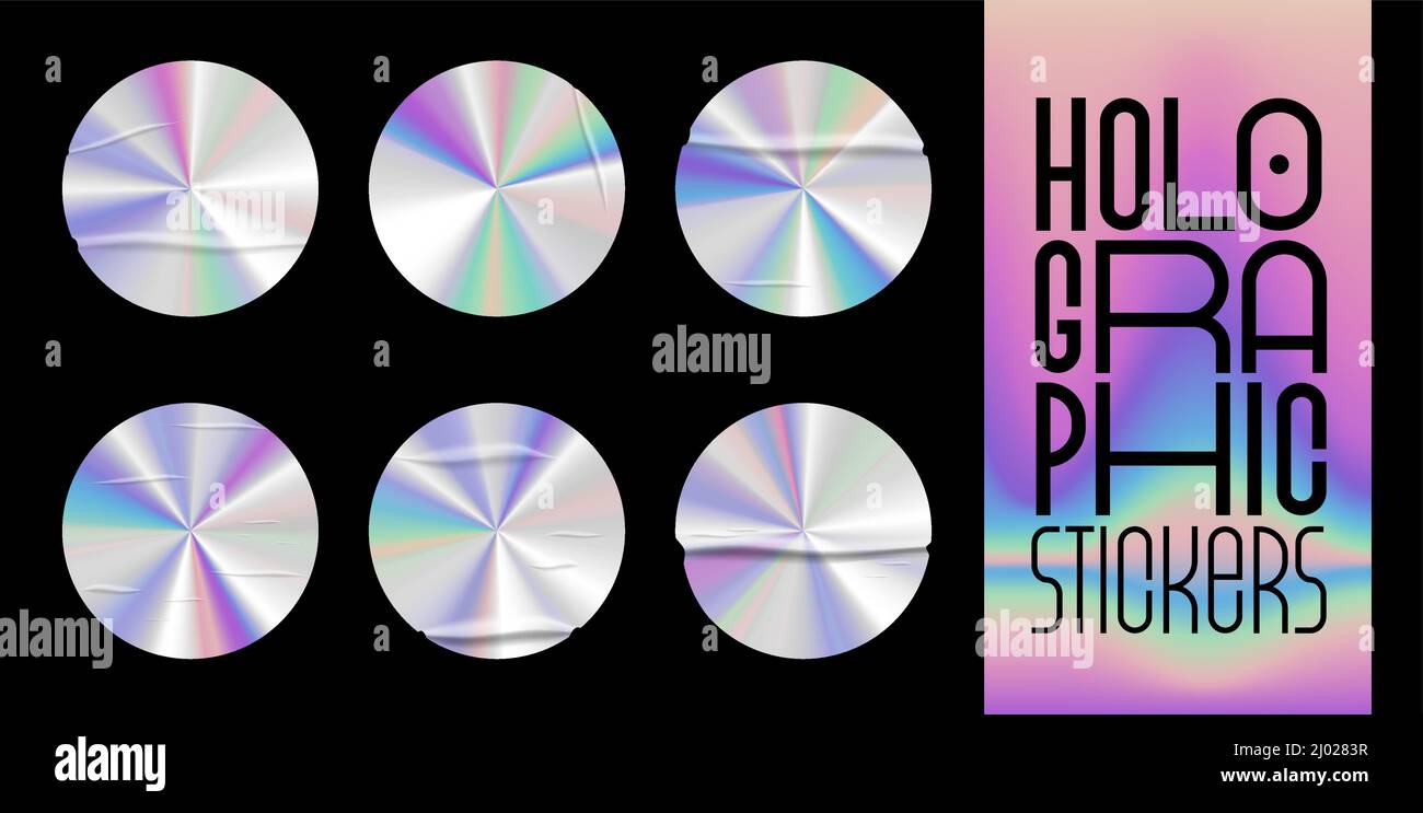 Holographic stickers with wrinkles set. Geometric shapes label with rainbow hologram. Vector