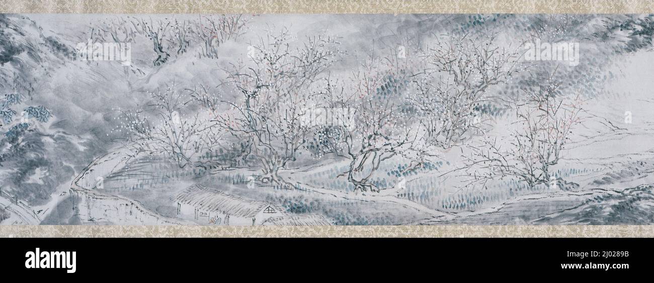 Plum Viewing at Tsukigase. Okada Hankō (Japan, 1782-1846). Japan, 1837. Paintings; scrolls. Handscroll; ink and light colors on paper Stock Photo