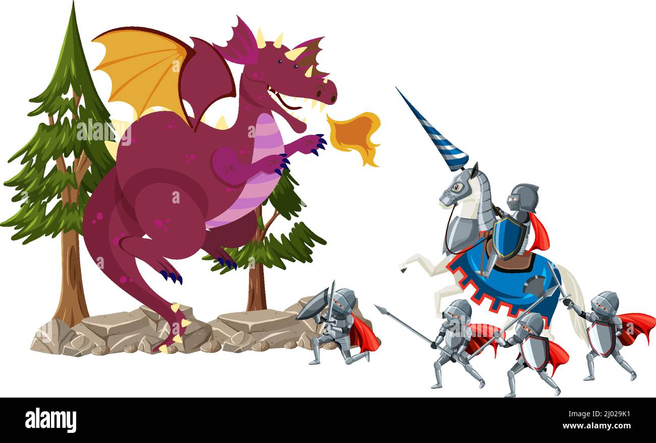 Armored warriors fighting with ancient dragon illustration Stock Vector ...