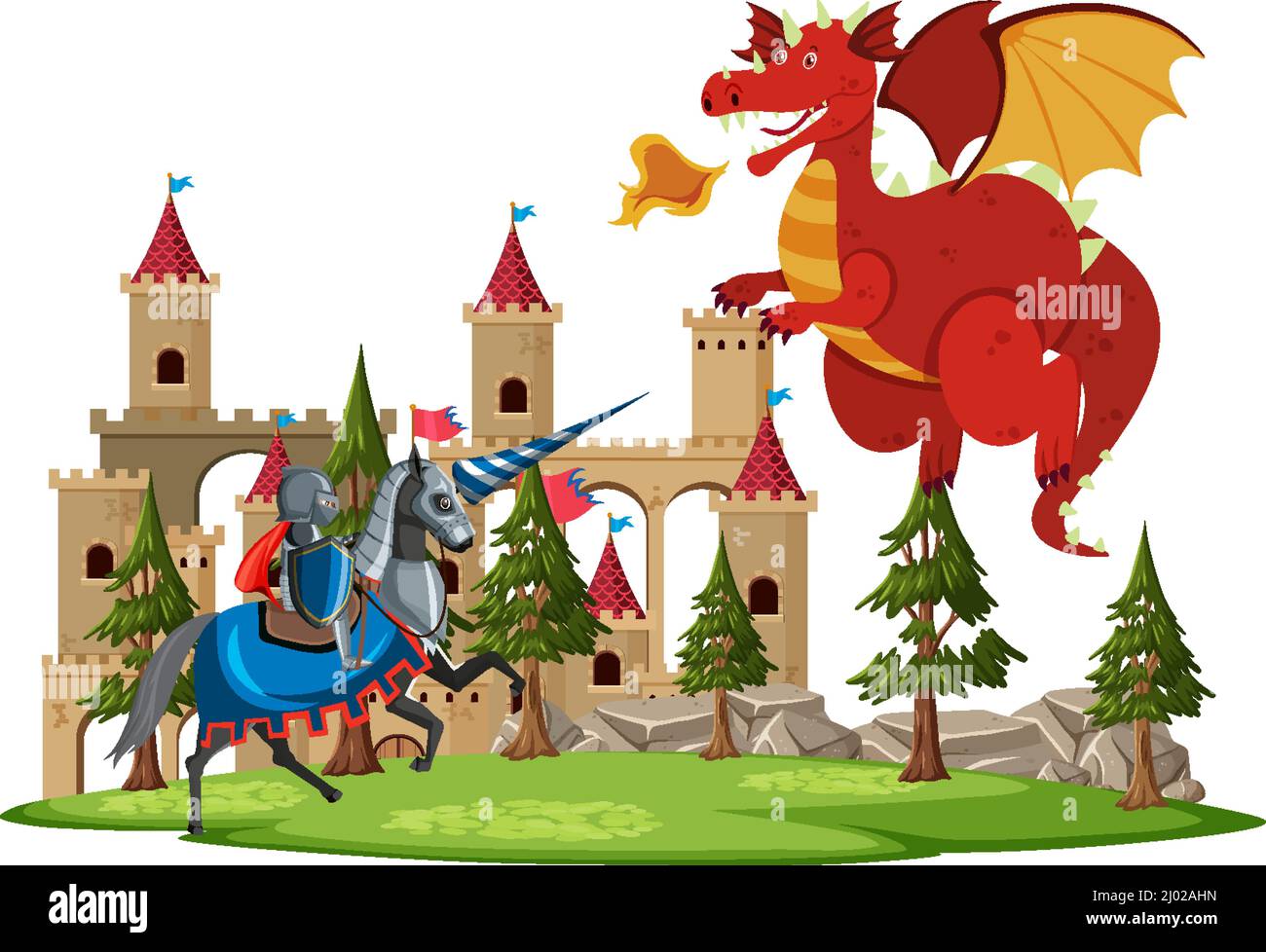 Scene with knight and dragon in fairytale land illustration Stock ...