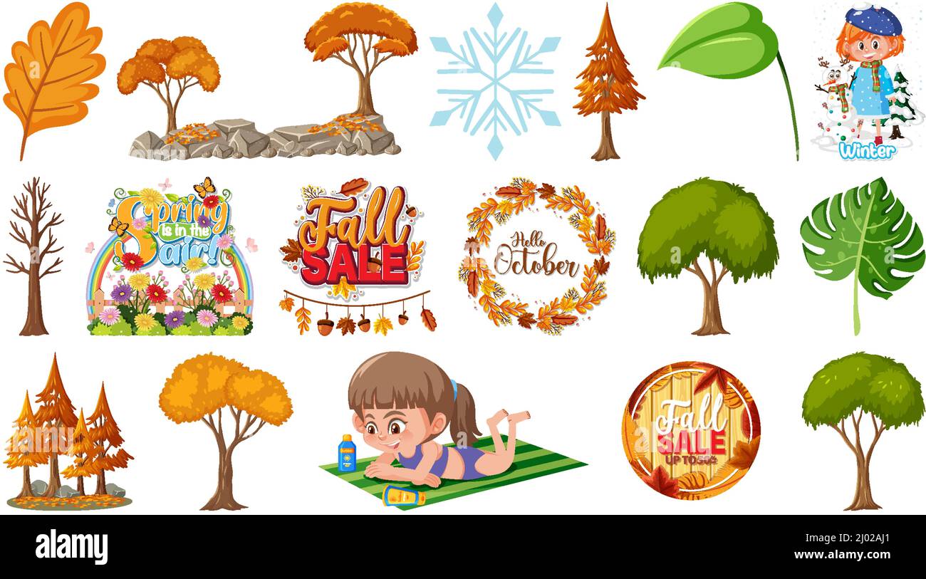Set of four seasons trees and nature objects illustration Stock Vector ...