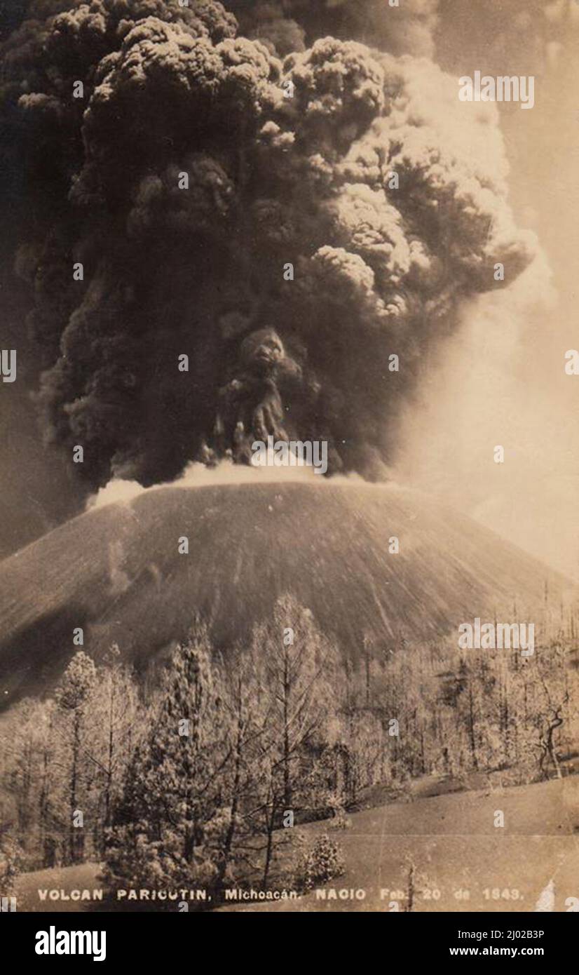 Vintage black and white  photograph of Paricutin Volcano (Volcan de Paricutin) erupting in 1943, Michoacan, Mexico Stock Photo