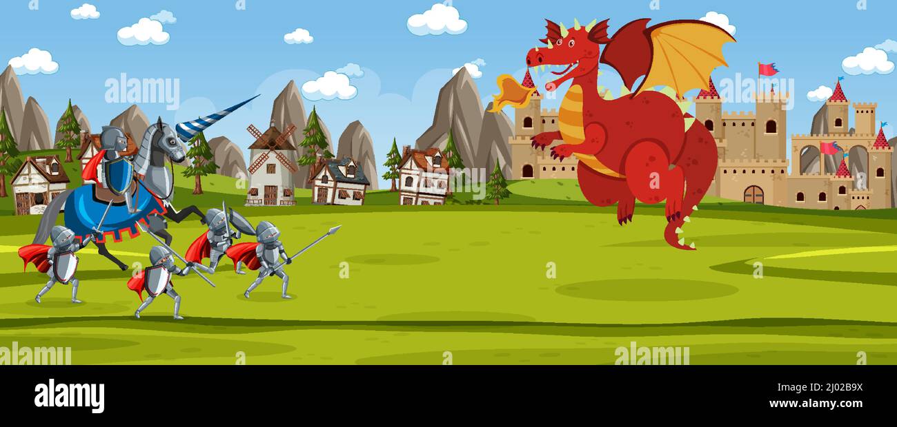 Scene with knight and dragon in fairytale land illustration Stock ...