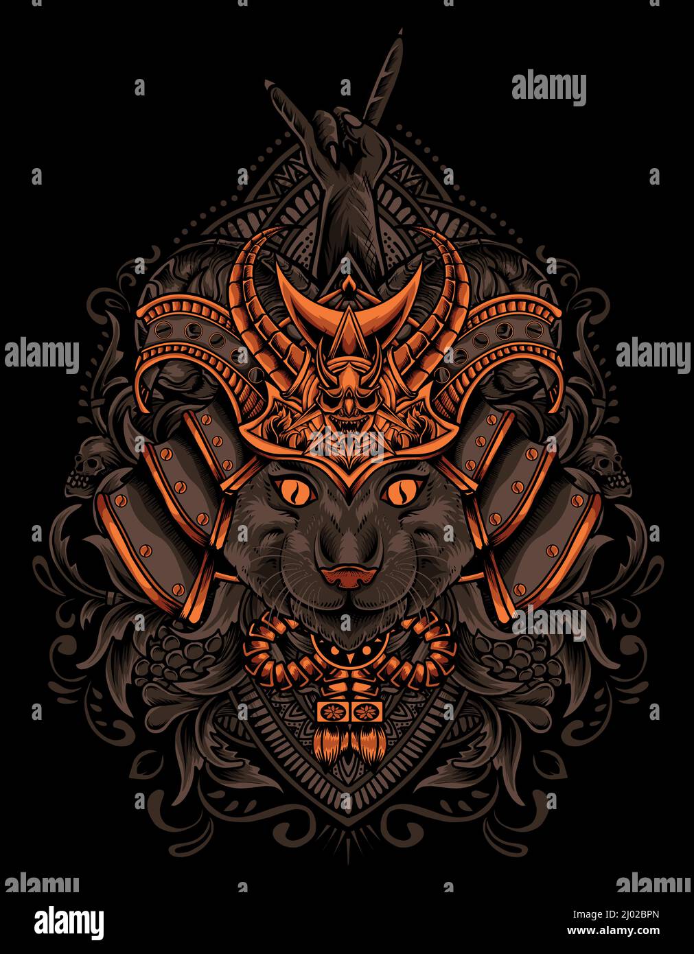 illustration cat head with samurai helmet Stock Vector