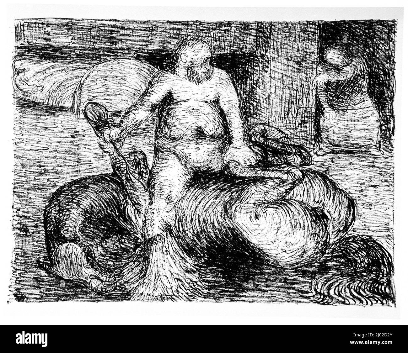 Broomleg astride the dead steed Hearthorn. Ernst Barlach (Germany, 1870-1938). Germany, 1912. Prints; lithographs. Lithograph on Van Gelder paper Stock Photo