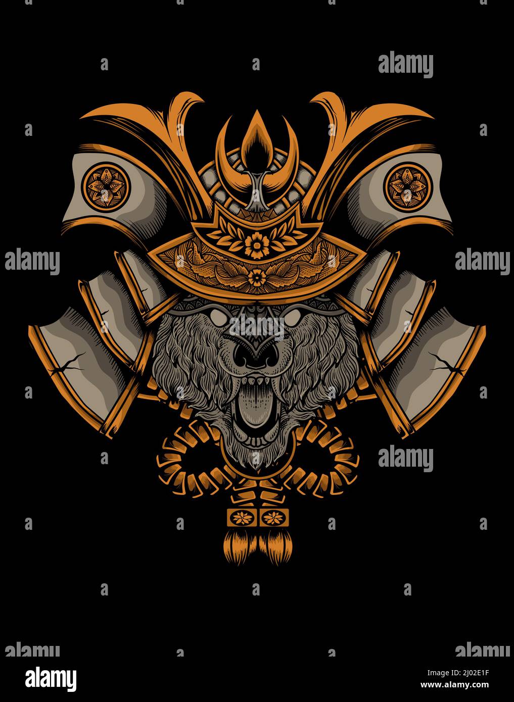 illustration wolf head with samurai helmet Stock Vector
