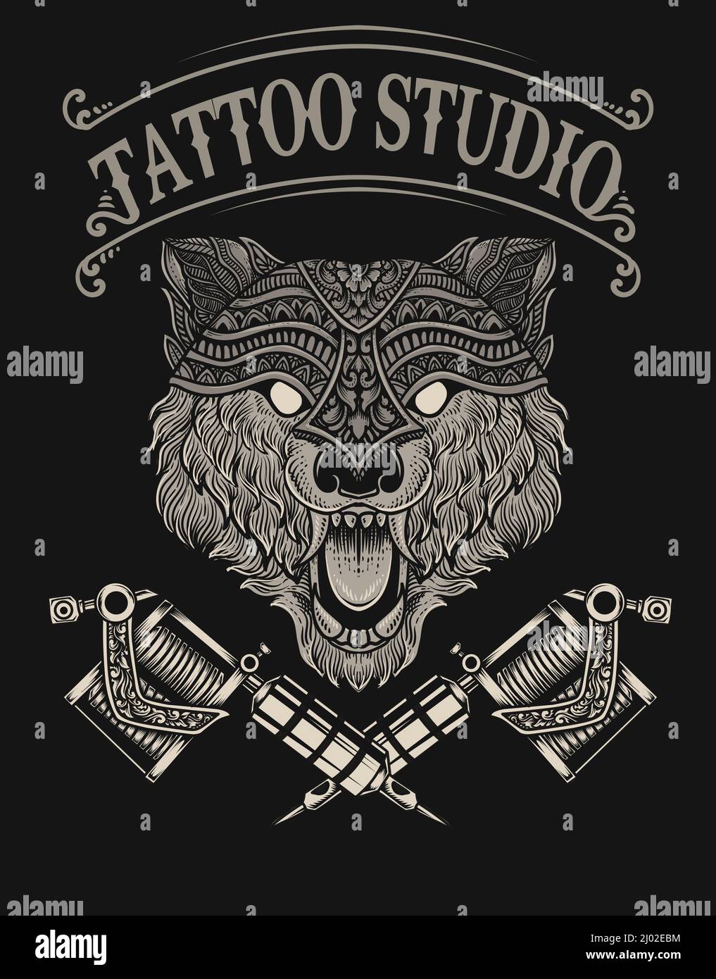 illustration wolf tattoo studio logo Stock Vector