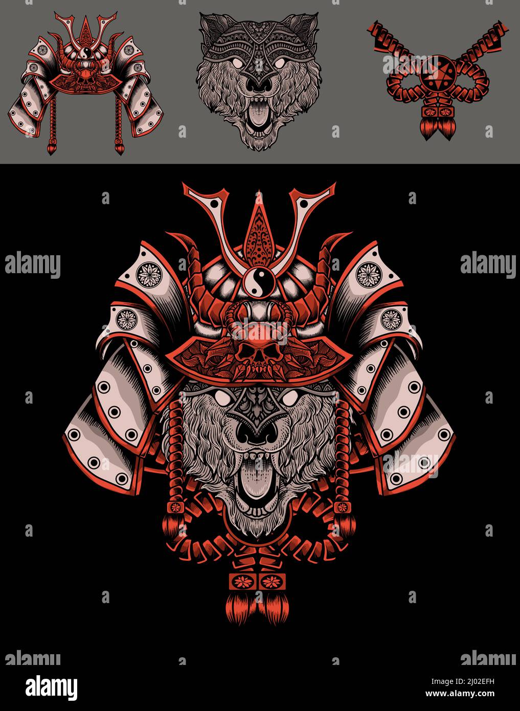 Set illustration wolf head with samurai helmet Stock Vector