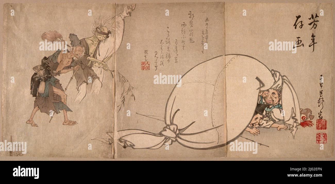 Demons of Illness and Poverty Stalking the Lucky Gods. Tsukioka Yoshitoshi (Japan, 1839-1892). Japan, 1884. Prints; woodblocks. Triptych; color woodblock prints Stock Photo