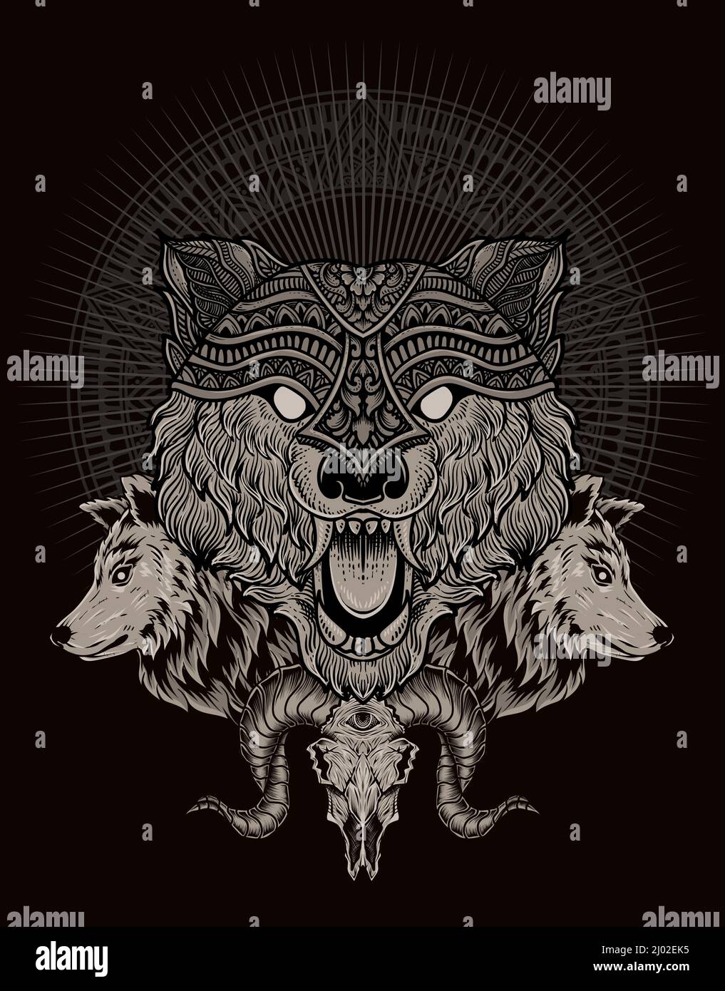 illustration wolf head engraving style with mask Stock Vector Image