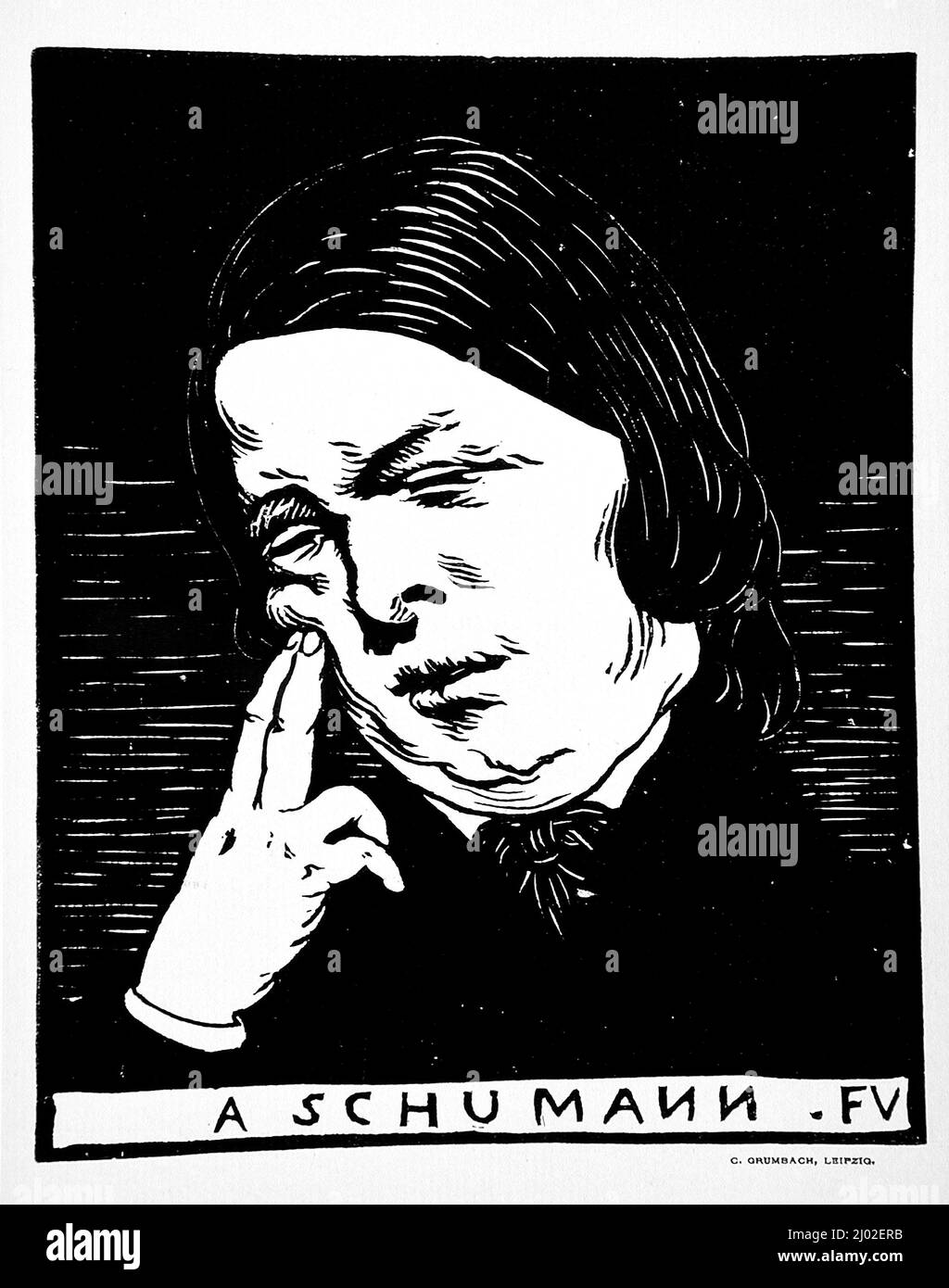 To Schumann. Félix Edouard Vallotton (Switzerland, Lausanne, 1865-1925). Germany, 1893. Prints; woodcuts. Woodcut on blue laid paper Stock Photo