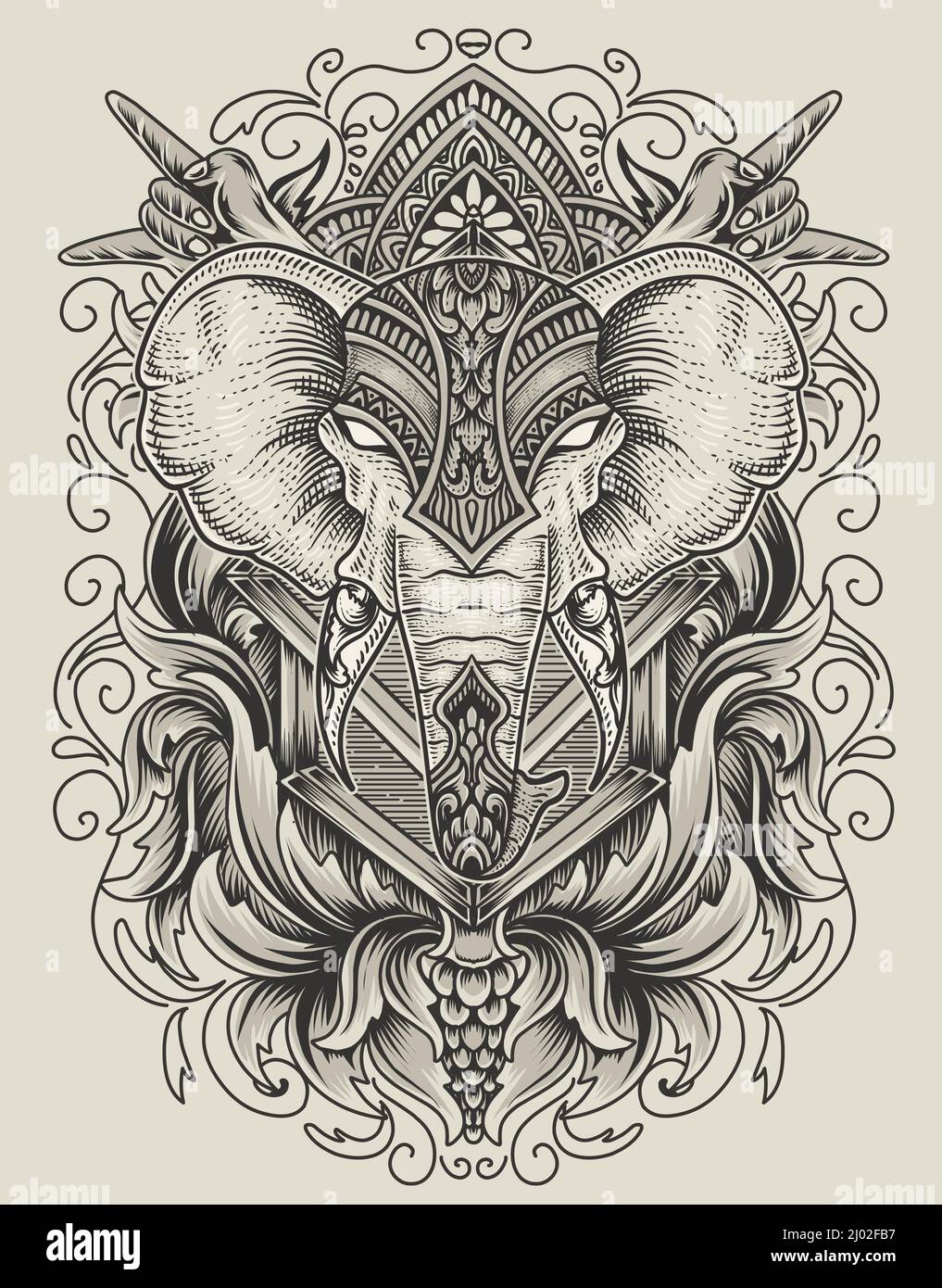 illustration elephant head engraving ornament style with mask Stock ...