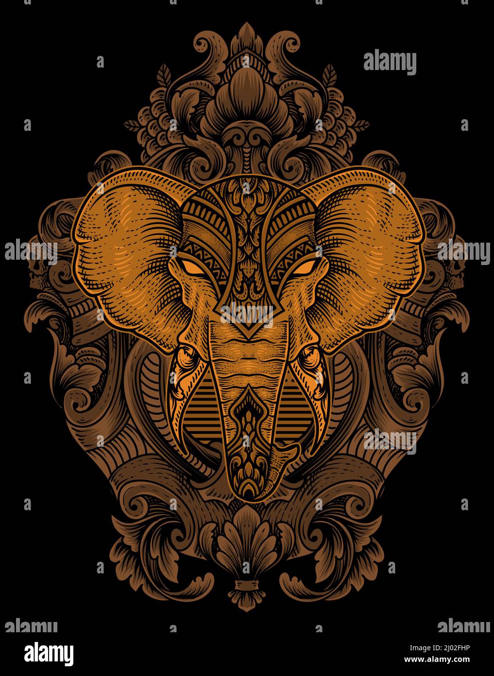 illustration elephant head engraving ornament style with mask Stock