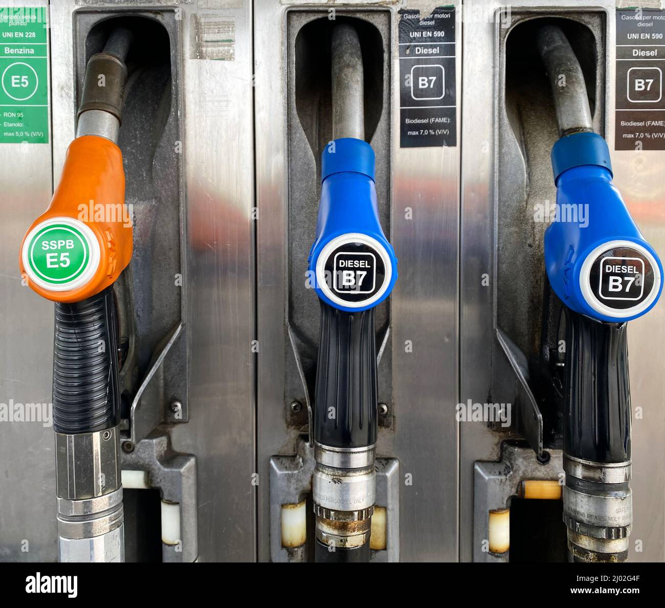 Fuel Pumps at the Petrol Station. Europe, Italy. Concept of rising cost of fuel Stock Photo Alamy