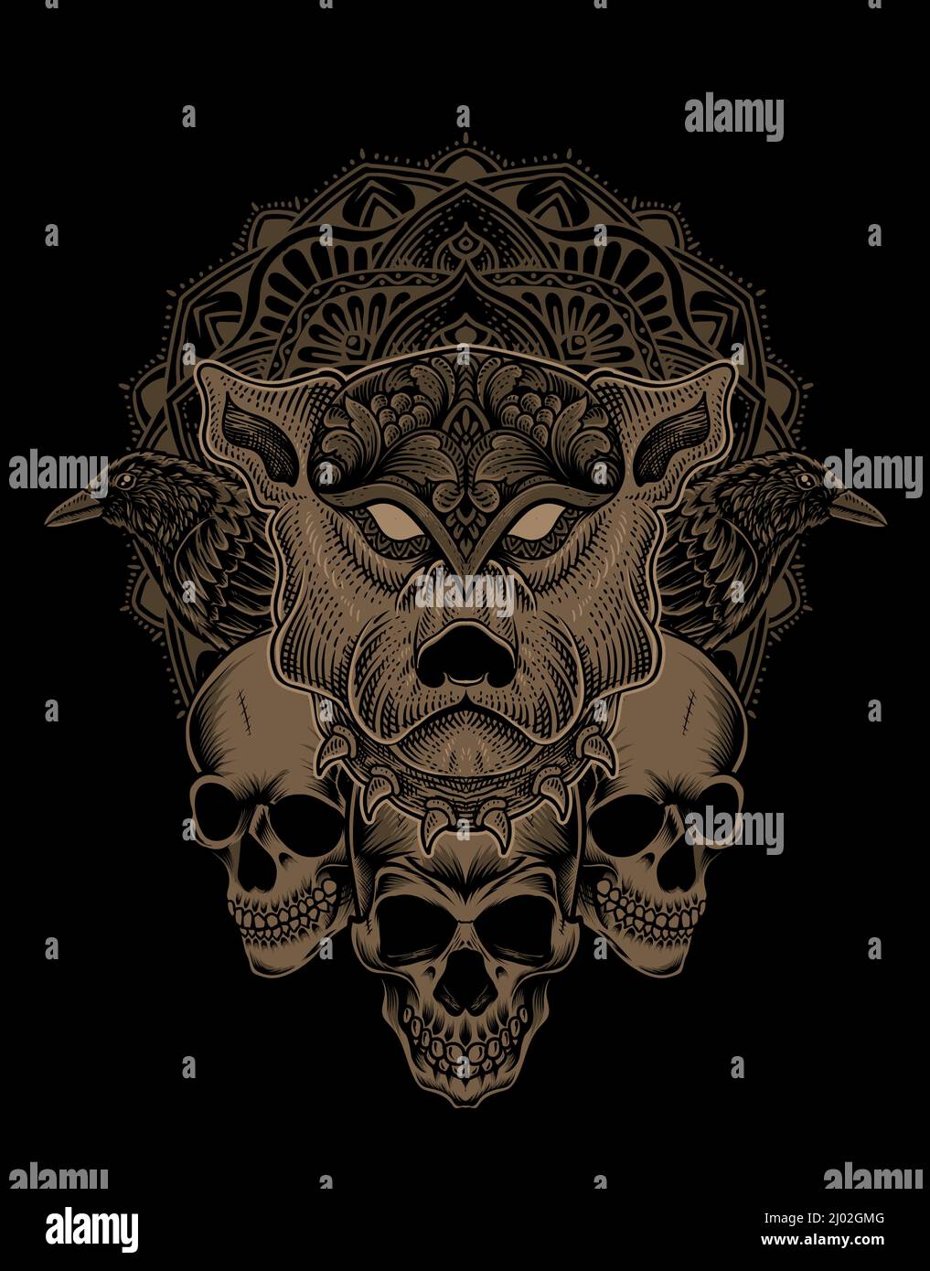 illustration dog head engraving mandala style with skull and crow bird Stock Vector