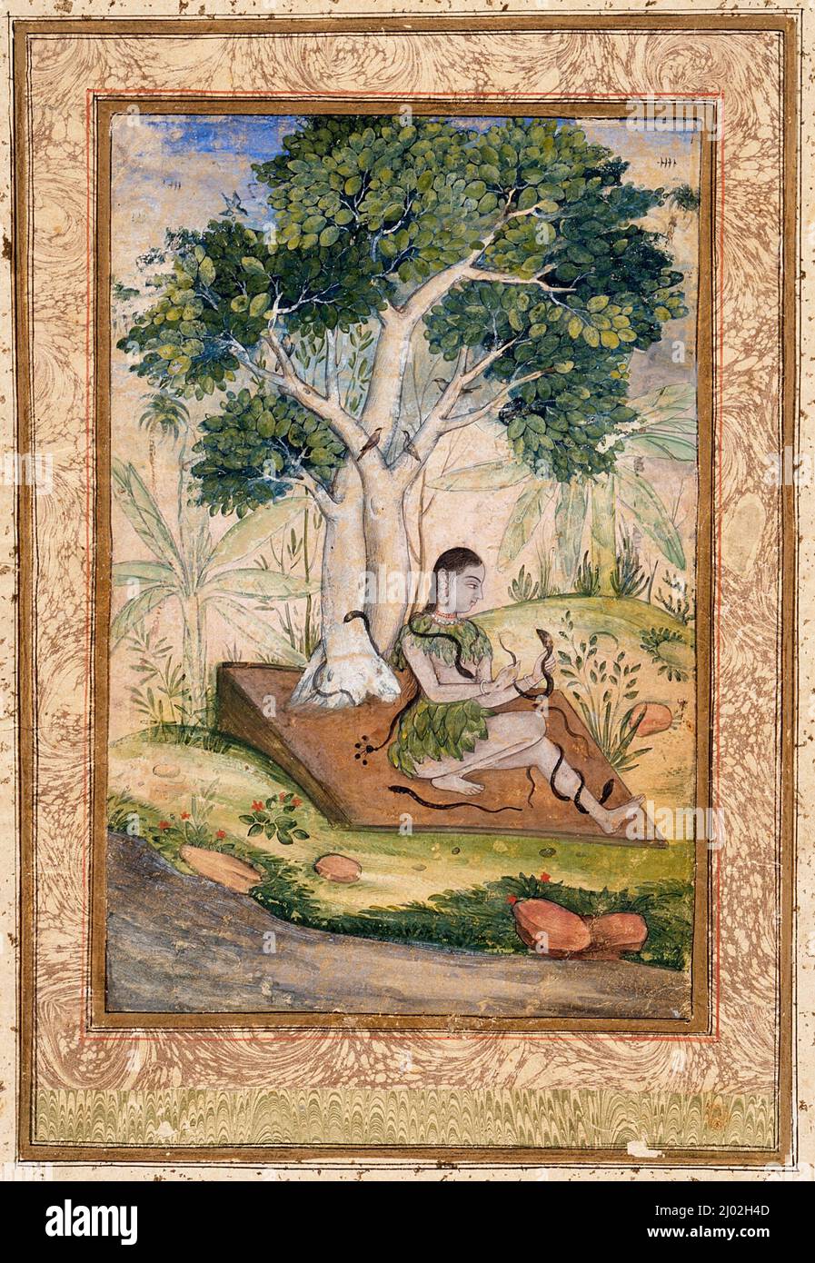 Asavari Ragini, Fourth Wife of Shri Raga, Folio from a Ragamala (Garland of Melodies). India, Sub-Imperial Mughal, circa 1625. Drawings; watercolors. Opaque watercolor and gold on paper; marbled paper inner border Stock Photo