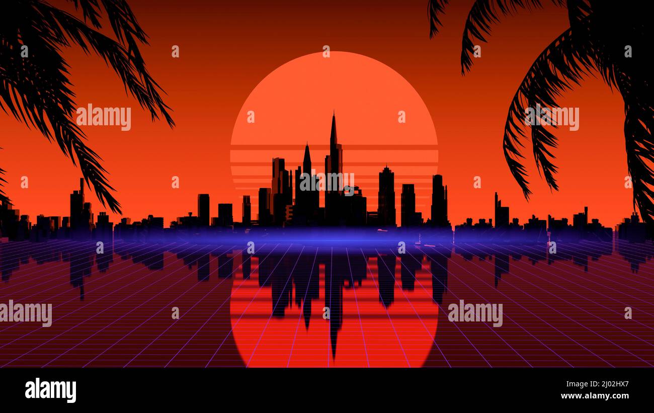 Retro wave city background. Neon night landscape with a futuristic city in the style and aesthetics of the 80s and 90s. Synthwave, cyberpunk, computer video games, concept. High quality illustration Stock Photo