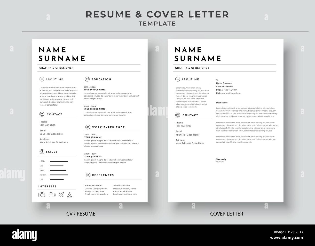 Resume and Cover Letter Template, Minimalist resume cv template, Cv professional jobs resumes Stock Vector