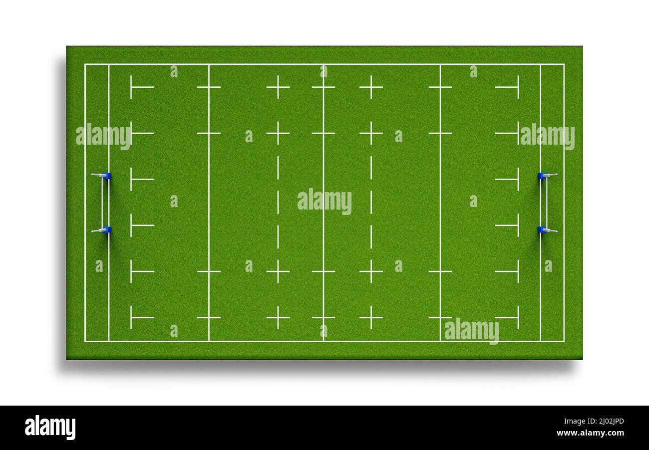 Top view of a 3D illustrated grassy rugby stadium or American football field Stock Photo