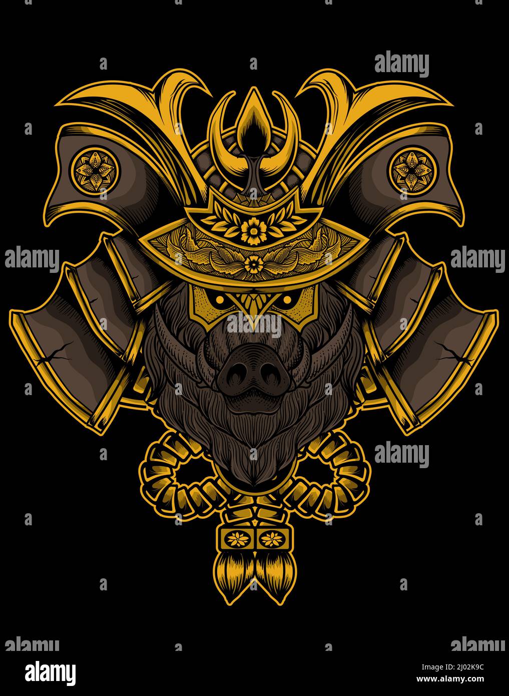 illustration vintage wild boar samurai head Stock Vector