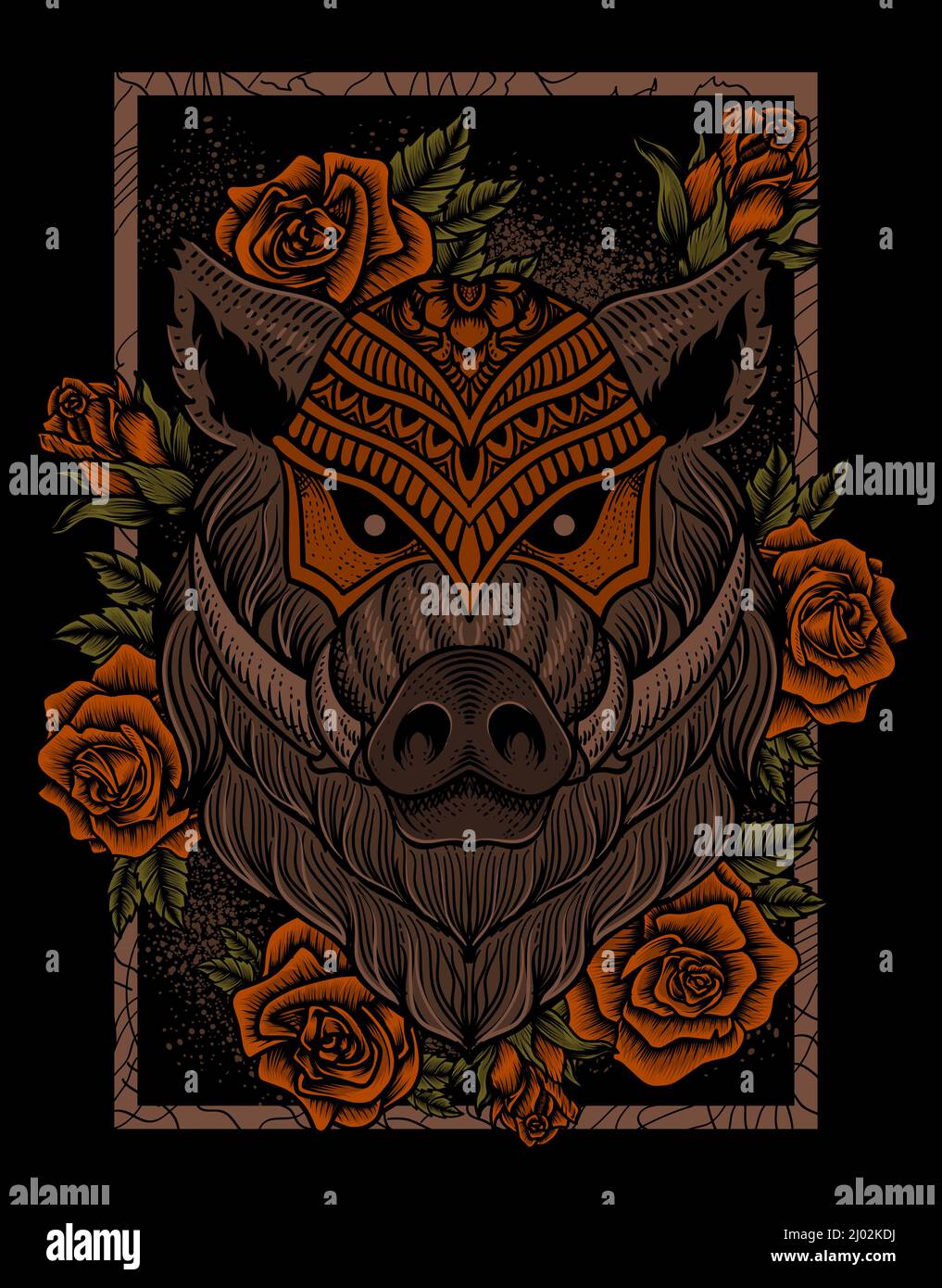 illustration wild boar head with rose flower engraving style Stock Vector