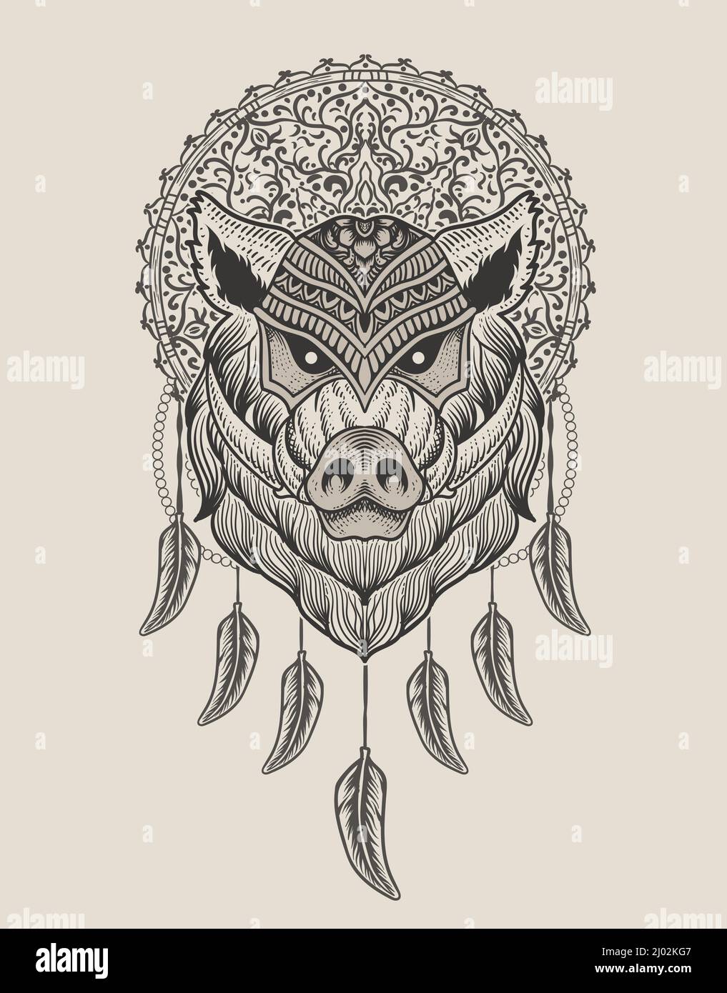 illustration wild boar head with engraving mandala style Stock Vector